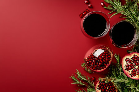 Two elegant glasses filled with red wine are positioned alongside fresh pomegranates on a rich, deep red backdrop. The vibrant display suggests a celebratory atmosphere.の素材
