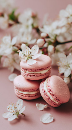 Three pink macarons are arranged with delicate white flowers over a soft pink background, creating an elegant and enticing dessert display perfect for spring gatherings.の素材
