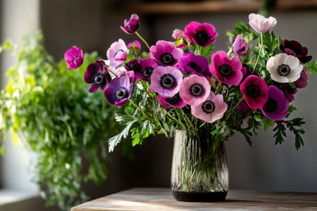 A vibrant arrangement of anemone flowers in shades of purple, pink, and red fills a glass vase. The bouquet is placed on a rustic wooden table, creating a warm atmosphere.の素材