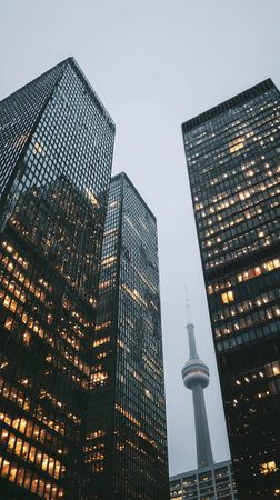 Skyscrapers with glass facades rise against a gray sky as the CN Tower stands tall in the background. Warm light spills from many windows, creating an inviting atmosphere.の素材