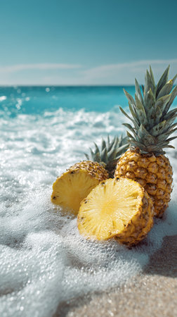 Fresh pineapples are placed on sandy beach ground as gentle waves wash over them under clear blue skies. The sun illuminates the scene, adding to its tropical feel.の素材