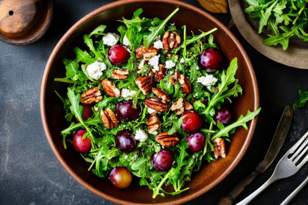 A vibrant salad made with fresh arugula, red grapes, toasted pecans, and creamy cheese arranged in a rustic wooden bowl, perfect for a healthy meal.の素材
