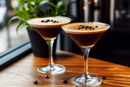 Two stylish cocktails are displayed in elegant glasses. Each drink features a smooth blend of coffee flavors topped with a coffee bean, set against a dark background.の素材
