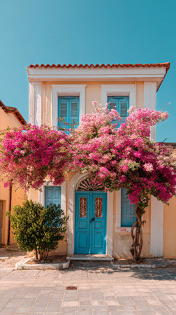 A lovely house features bright blue shutters and door, surrounded by blooming bougainvillea in vivid pink and purple.の素材