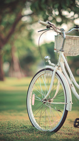 A white bicycle stands elegantly on the grass in a vibrant park. The sun casts a warm glow over the scene, highlighting the vintage wicker basket attached to the front.の素材