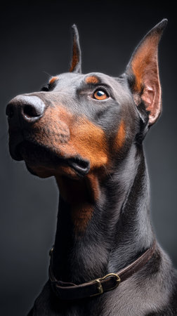 A Doberman stands proudly with its head held high, showcasing an intense gaze. The dark background emphasizes the dogs sleek coat and striking features, creating a captivating portrait.の素材