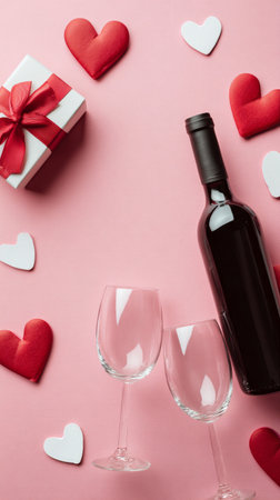 Two empty glasses sit beside a bottle of red wine on a pink background adorned with heart-shaped decorations and a gift box, perfect for a romantic evening.の素材