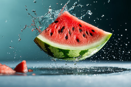 A vibrant slice of watermelon hovers in mid-air, creating splashes as water droplets scatter around it against a blurred blue backdrop, capturing the essence of freshness.の素材