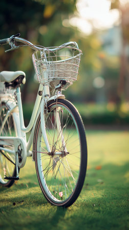 A vintage bicycle with a wicker basket is parked on lush green grass.の素材