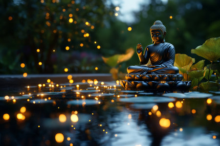 A peaceful Buddha statue sits gracefully in a serene garden, surrounded by lush foliage and illuminated by soft twinkling lights during twilight.の素材