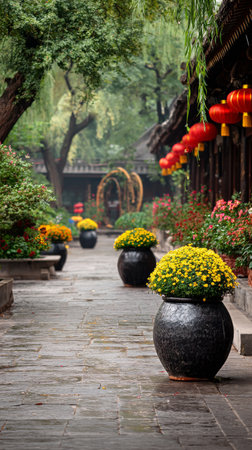 A peaceful courtyard features vibrant flower pots and traditional lanterns, creating a charming atmosphere in a lush garden during daytime.の素材