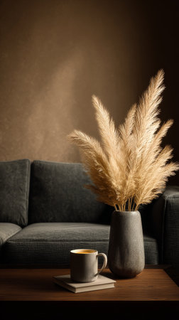 Soft afternoon light filters into a modern living room, illuminating a comfortable couch and a decorative vase filled with dried plants on a wooden table.の素材