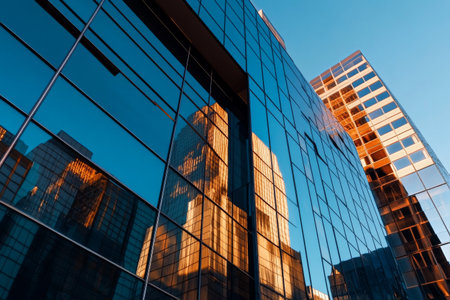 Tall glass buildings reflect the orange and blue hues of the sky during late afternoon. The architectural design showcases modern structures in a bustling urban area.の素材