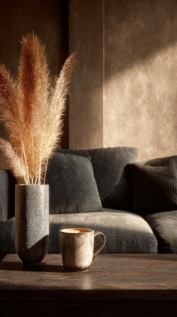 A stylish living room features a plush sofa, a rustic coffee cup, and a decorative vase with dried pampas grass. Soft afternoon light enhances the warm atmosphere of the space.の素材