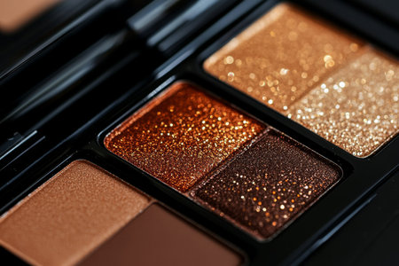 Shimmering eyeshadow palette displays a vibrant mix of warm tones including gold, bronze, and brown. Each shade sparkles under light, perfect for creative makeup looks.の素材