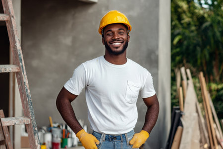 A cheerful construction worker stands at a building site, wearing a yellow hard hat and gloves, showing a confident smile. Tools and materials are visible in the background.の素材