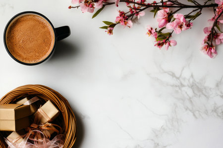 A warm cup of coffee sits beside wrapped gifts and fresh flowers on a light marble surface. Greenery adds a festive touch, creating a cozy ambiance perfect for celebrations.の素材