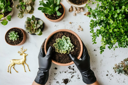 Hands wearing black gloves carefully place a succulent into a terracotta pot filled with soil. Gold decorative items and lush green plants decorate the workspace.の素材
