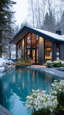 A modern house sits amid a serene winter landscape. Snow blankets the trees and ground, while a calm pool reflects the tranquil atmosphere in this snowy retreat.の素材
