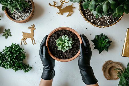 Hands in black gloves carefully hold a succulent plant in a terracotta pot filled with soil, surrounded by decorative greenery and festive ornaments on a white surface.の素材