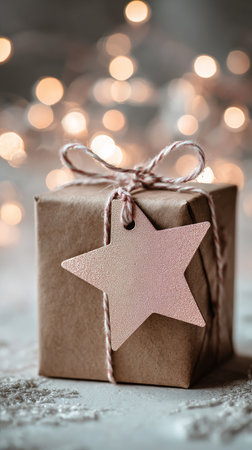 A beautifully wrapped gift in brown craft paper features a pink star tag. Soft warm bokeh lights create a festive atmosphere, perfect for celebrations or special occasions.の素材