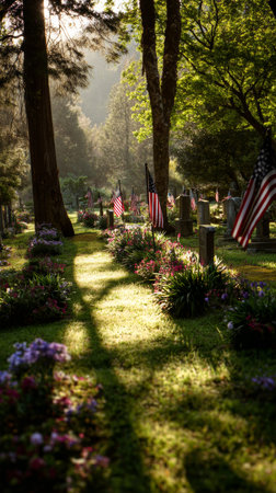 Lush green pathway lined with gravestones, colorful flowers, and small flags, illuminated by warm sunlight filtering through trees at twilight.の素材