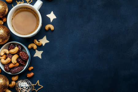 A cup of coffee sits next to a decorative bowl filled with cashews and dates, surrounded by gold ornaments and star shapes, creating a warm atmosphere for a gathering.の素材