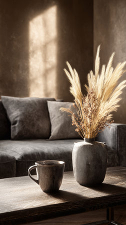 Soft afternoon light filters into a modern living room, illuminating a comfortable couch and a decorative vase filled with dried plants on a wooden table.の素材