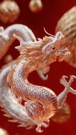 A majestic dragon sculpture showcases intricate designs and shimmering scales while set against a vivid red background, capturing the essence of cultural craftsmanship and artistry.の素材