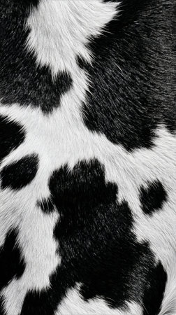 Rough texture of black and white cowhide highlights the unique patterns of a dairy cow. The close-up captures the natural beauty and coloration found on livestock.の素材