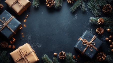 Decorative layout includes various wrapped gifts placed among pine branches and pine cones, creating a cozy atmosphere perfect for holiday celebrations and gatherings.の素材