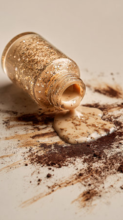 A glass container tipped over spills a mixture of sparkling glitter and creamy substance onto a white tablettop, creating an artistic mess. The liquid flows smoothly with a shimmer.の素材