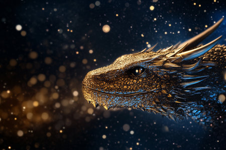 A magnificent dragon is displayed in profile, its textured scales shimmering against a dark background filled with glowing, floating particles. The creature exudes power and elegance.の素材