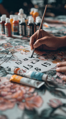 A person skillfully paints numbers on a floral patterned fabric using a brush. Various paint tubes are scattered nearby, showcasing an artistic environment filled with colors.の素材