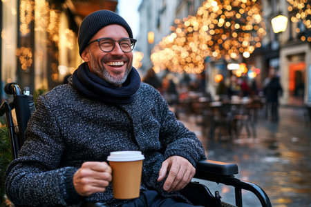A cheerful man in a wheelchair sips coffee while surrounded by twinkling lights on a lively city street in the evening. People stroll by, adding to the festive atmosphere.の素材