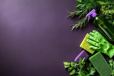 Various cleaning supplies, including sponges and gloves, are placed alongside fresh herbs on a dark surface, ready for kitchen tasks or home cleaning.の素材