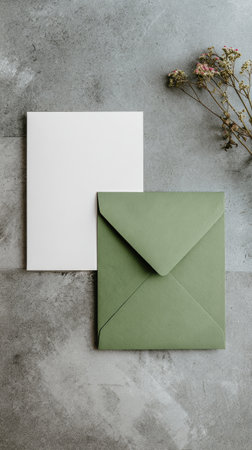 A green envelope lies open beside a blank card on a textured gray surface. Fresh green leaves add a touch of nature, creating a calm and minimalist atmosphere.の素材