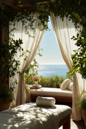 A tranquil outdoor spa features a massage table surrounded by soft drapery and greenery, overlooking a beautiful ocean view on a sunny day.の素材