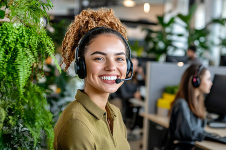 Young woman with curly hair smiles while taking calls at a modern call center filled with greenery and supportive colleagues. Bright atmosphere enhances productivity and teamwork.の素材