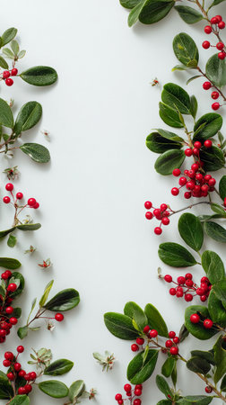 Festive greenery features dark leaves, bright red berries, and small white flowers, artfully arranged on a light background, perfect for seasonal decor.の素材