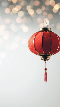 A vibrant red lantern with golden accents and a stylish tassel hangs against a softly blurred background, creating a warm and festive atmosphere for celebrations.の素材