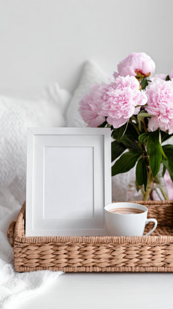 A warm, inviting setup features a woven tray with a blank frame, a cup of coffee, and soft pink peonies, creating a tranquil atmosphere in a stylish interior space.の素材