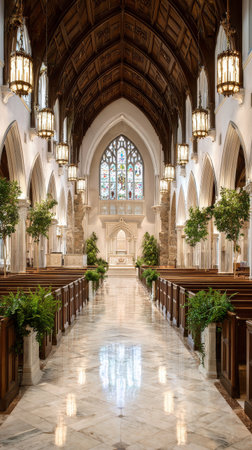 Visitors admire the stunning architecture inside a historic church, highlighting ornate woodwork and colorful stained glass. Lush greenery enhances the serene atmosphere.の素材