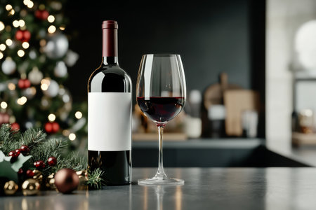 A red wine bottle with a blank label sits beside a filled wine glass on a countertop. In the background, a Christmas tree adorned with lights and ornaments adds a festive touch.の素材