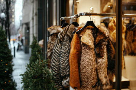Elegant fur coats hang on display outside a boutique, catching the warm glow of street lamps as evening descends on a busy city street, inviting passersby to explore.の素材