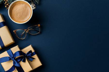A warm cup of coffee sits beside a neatly wrapped gift box adorned with a blue ribbon and a pair of glasses. Decorative stars add a festive touch to the arrangement.の素材