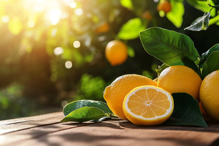 Cut lemon and whole lemons on sunlit table with soft shadows.の素材