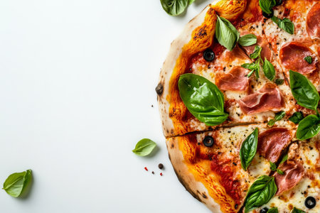 Isolated pizza with prosciutto and basil on white background for food presentation.の素材