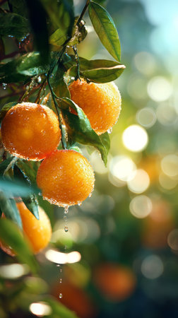 Bright oranges on tree with natural light and foliage background.の素材