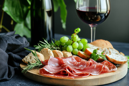 Flat lay of meat platter paired with wine glasses and fruits.の素材